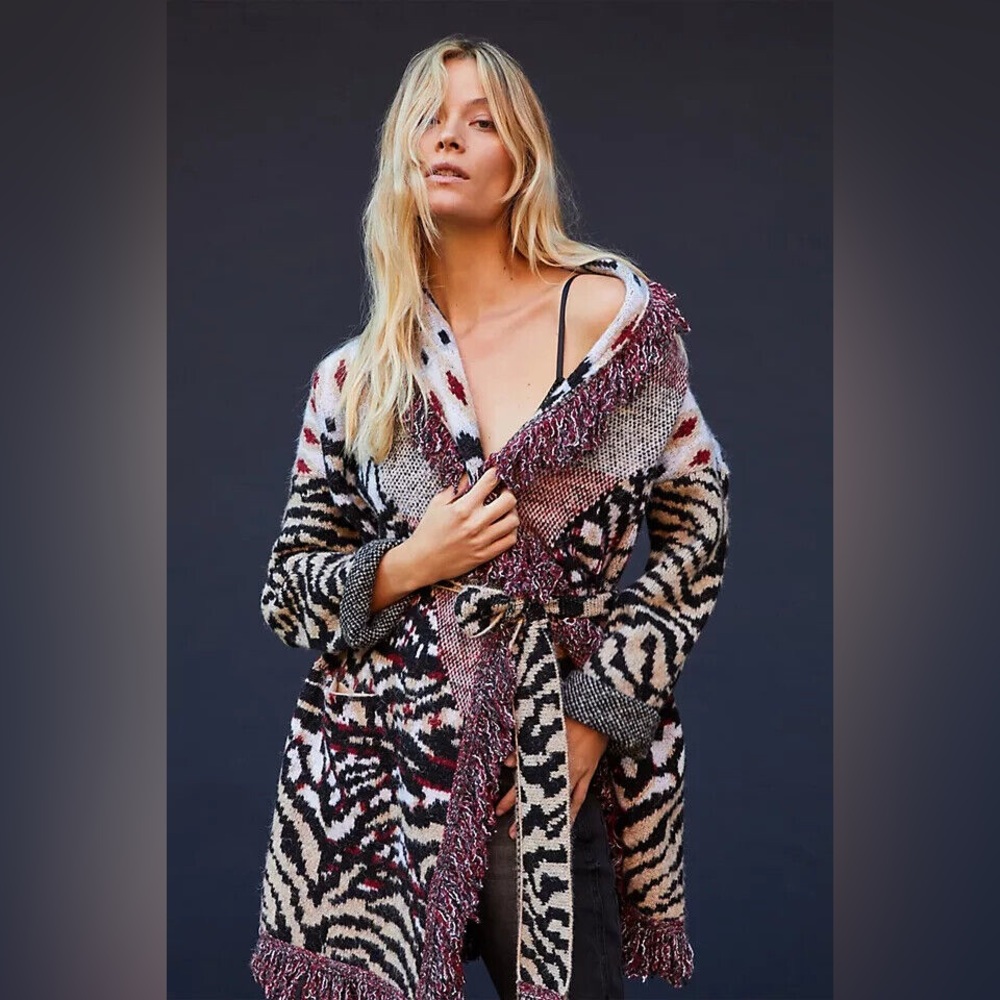 Anthropologie Paloma Fringed Animal Print Belted Long Cardigan